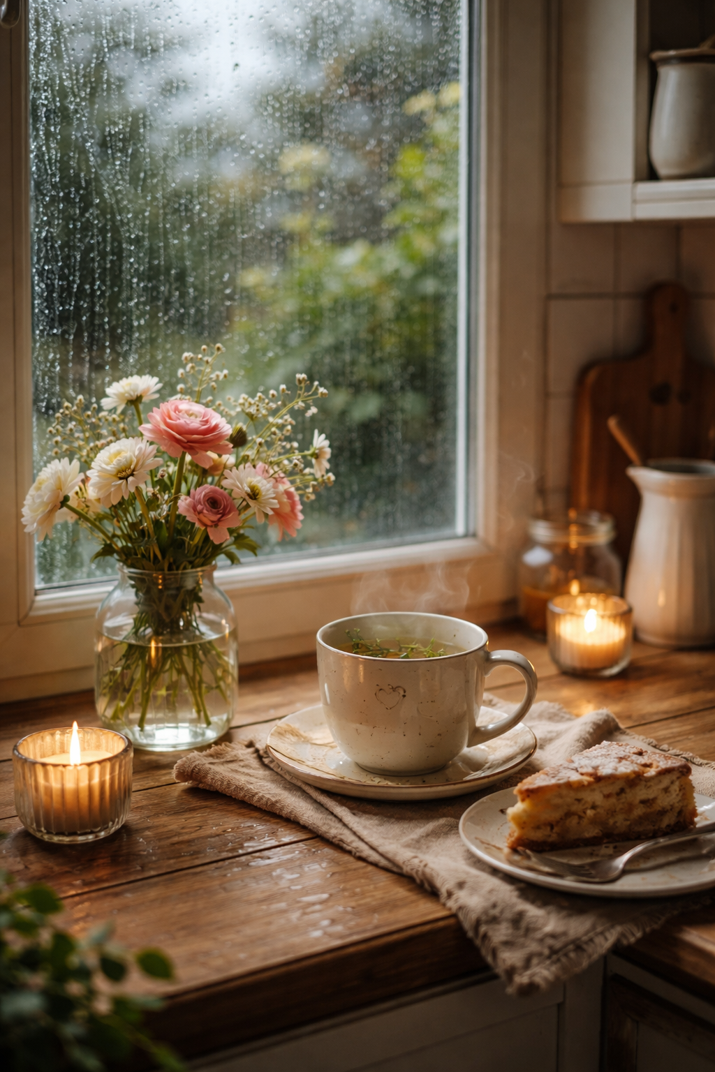 Cosy pluie création : bouquet et tasse sur table pour moment doux